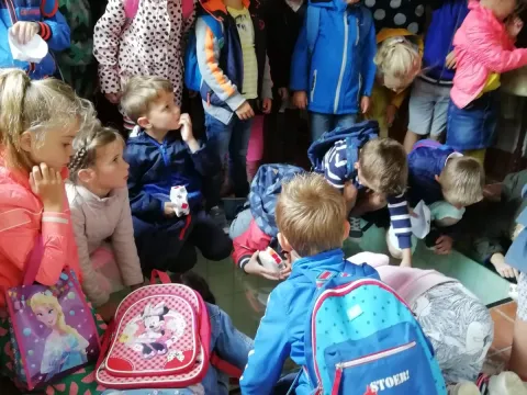 Een groep jonge schoolkinderen met rugzakjes kijkt tijdens een rondleiding nieuwsgierig door een glazen vloerplaat naar beneden